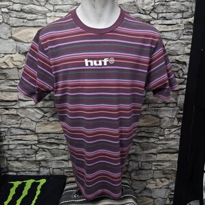 HUF Men's Pink and Blue Striped Short Sleeve Tee